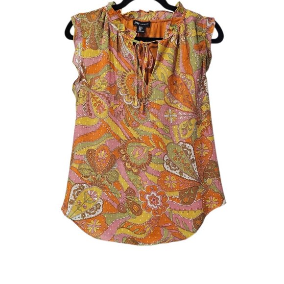 Jones New York Sleeveless Ruffle V Neck Retro Floral Colorful Tank Top - Picture 1 of 7